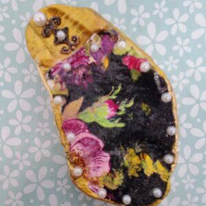 Decoupaged Oyster Shell Handcrafted Flowers Trinket Gift